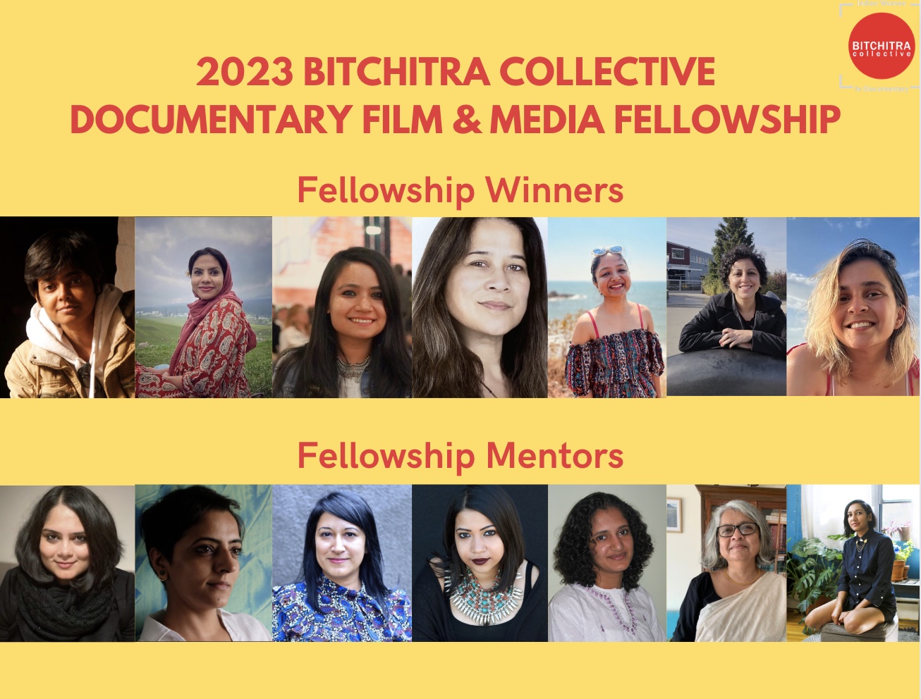 Image featuring the headshots of the seven fellowship winners and mentors of the 2023 Bitchitra Collective Documentary Film & Media Fellowship.
