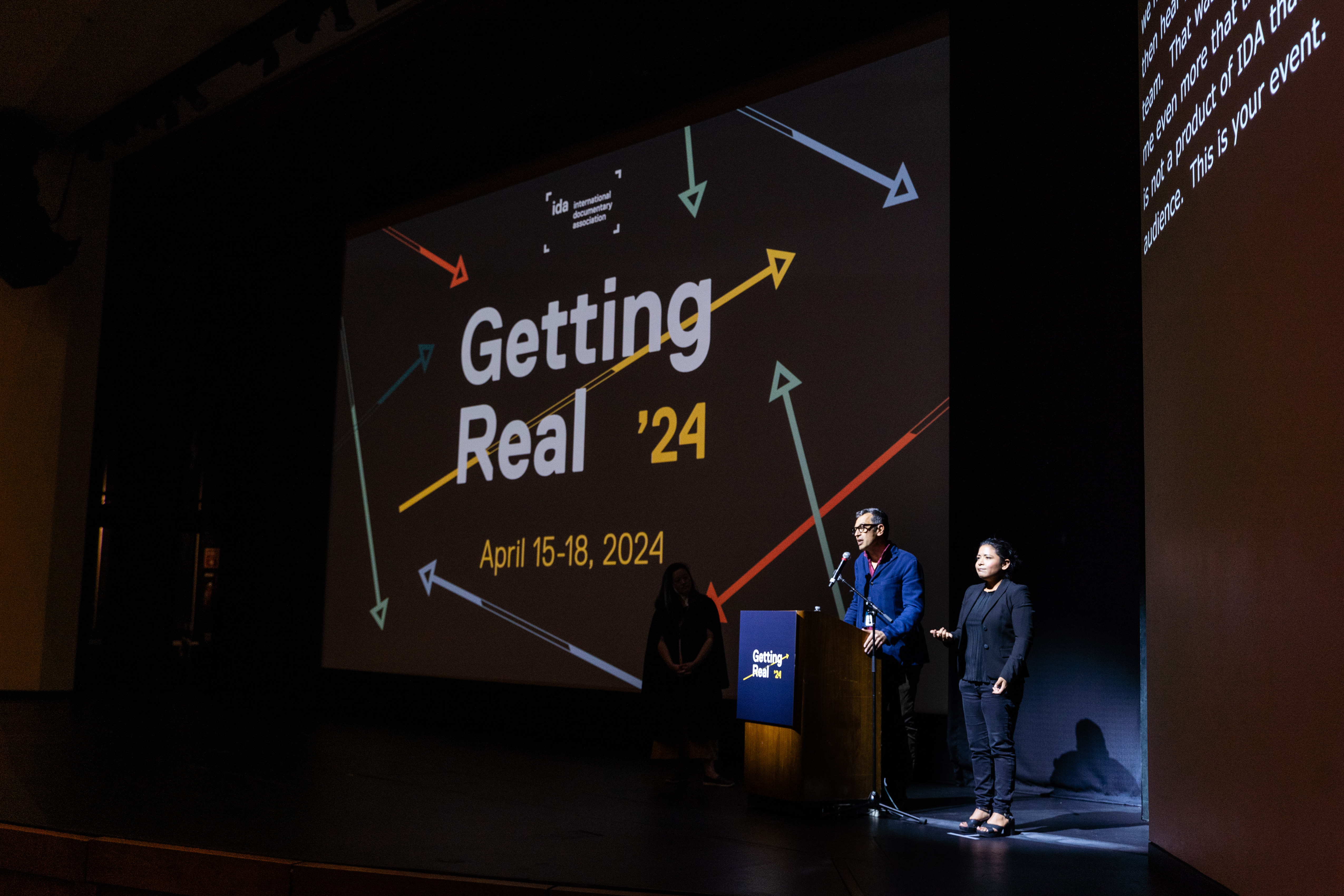 Abby Sun (Director of Artist Programs, IDA) and Dominic Asmall Willsdon (Executive Director, IDA) on the stage at the closing night of Getting Real ’24 conference.