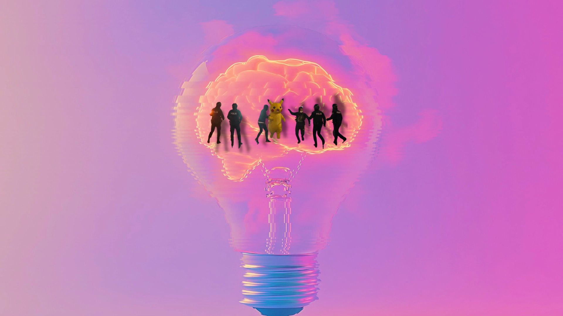 Bright purple backdrop featuring a digital image of a lightbulb where a genAI image of Pikachu is surrounded by cops