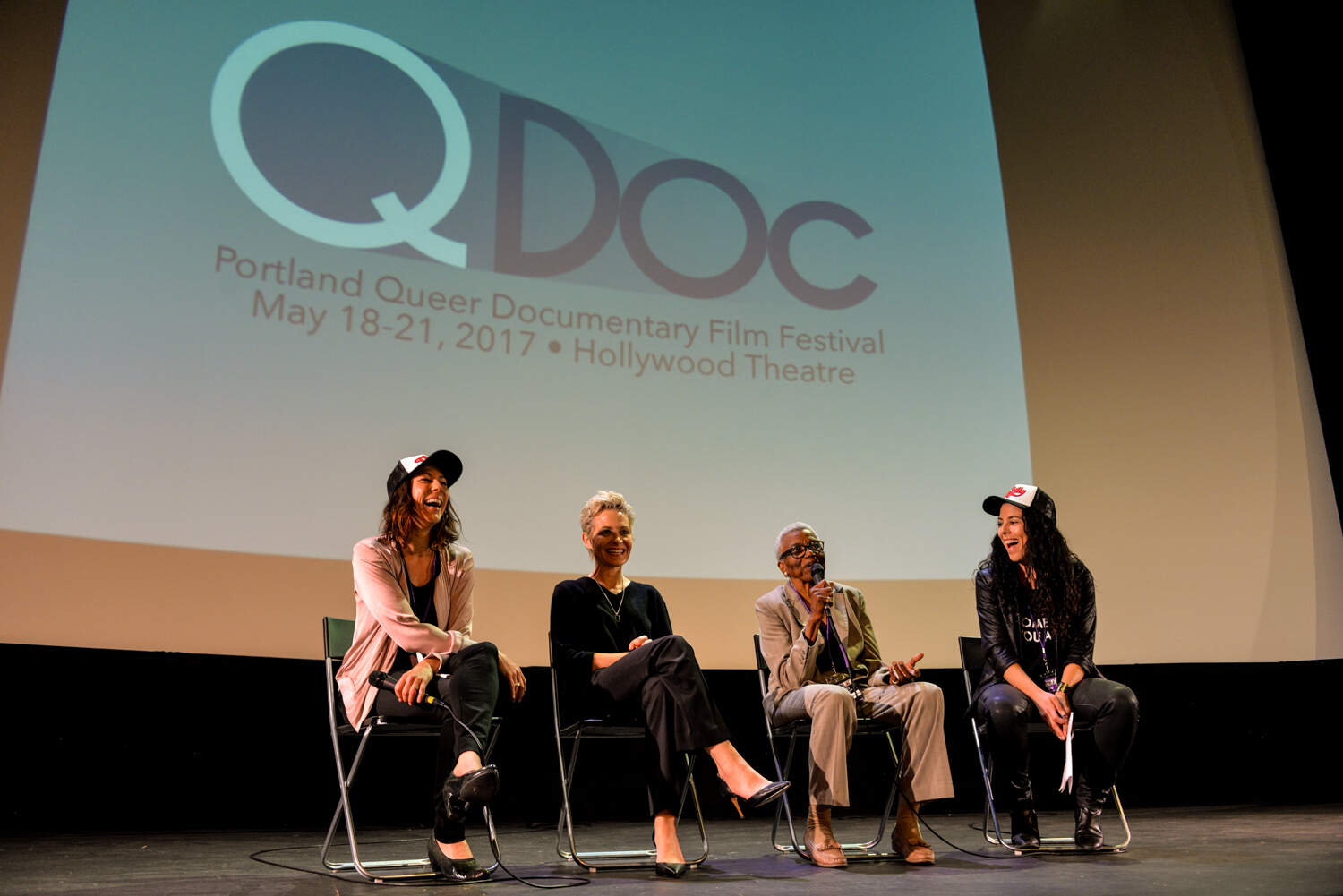 A Q&A after a 2017 screening of 'Jewel's Catch One' at QDoc, featuring, from left to right, Deb Kemp, C. Fitz, Jewel Thais Williams and Molly King. Courtesy of QDoc.