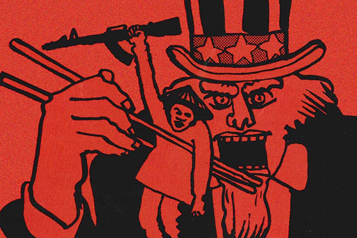 A cartoon of Uncle Sam holding a Vietnamese soldier between chopsticks. From  Emile de Antonio’s ‘In the Year of the Pig.’ Courtesy of Amazon. 