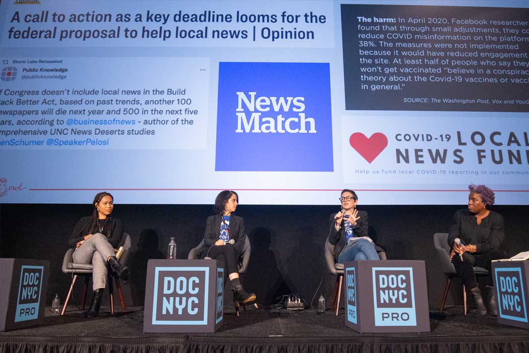 Participants on stage speaking at DOC NYC’s ‘Impact Producing: Case Studies’ panel. Courtesy of DOC NYC.