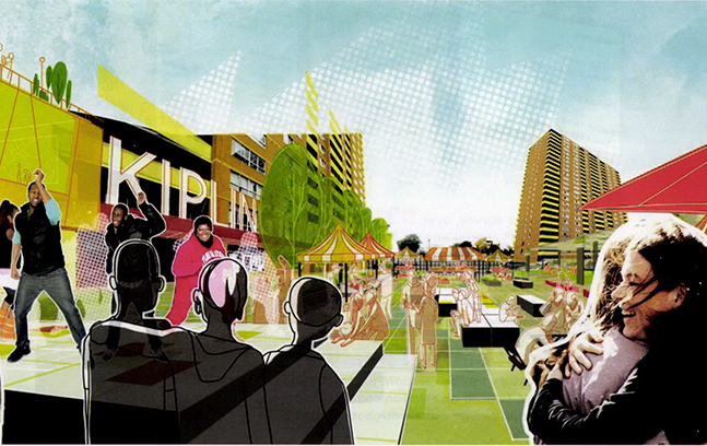 A cartoon image of people on a busy street. From Katerina Cizek's 'Highrise: One Million Tower.' (c) 2011 National Film Board of Canada. All rights reserved