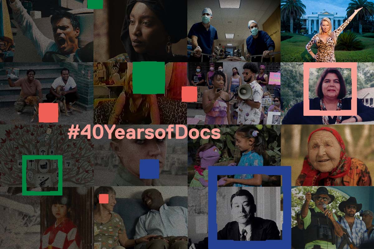 A collage of stills from 40 IDA supported documentaries with text that reads #40YearsofDocs.