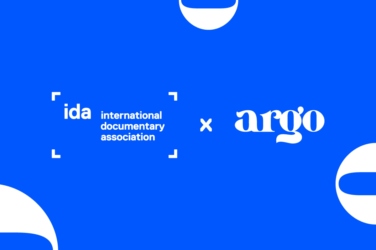 Logos of International Documentary Association (IDA) and argo against a bright blue background