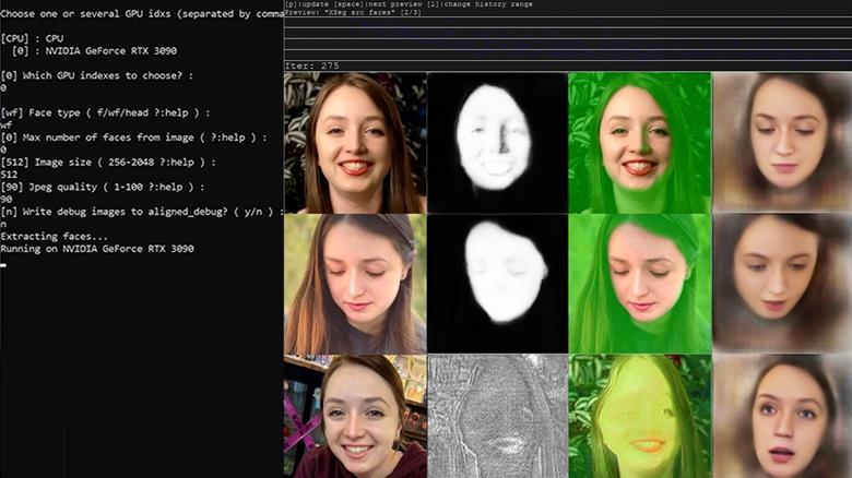 Computer data capture of a face with long, brown hair morphing into an AI face.
