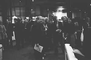 Black and white photo of partygoers at the 2008 IDA awards.