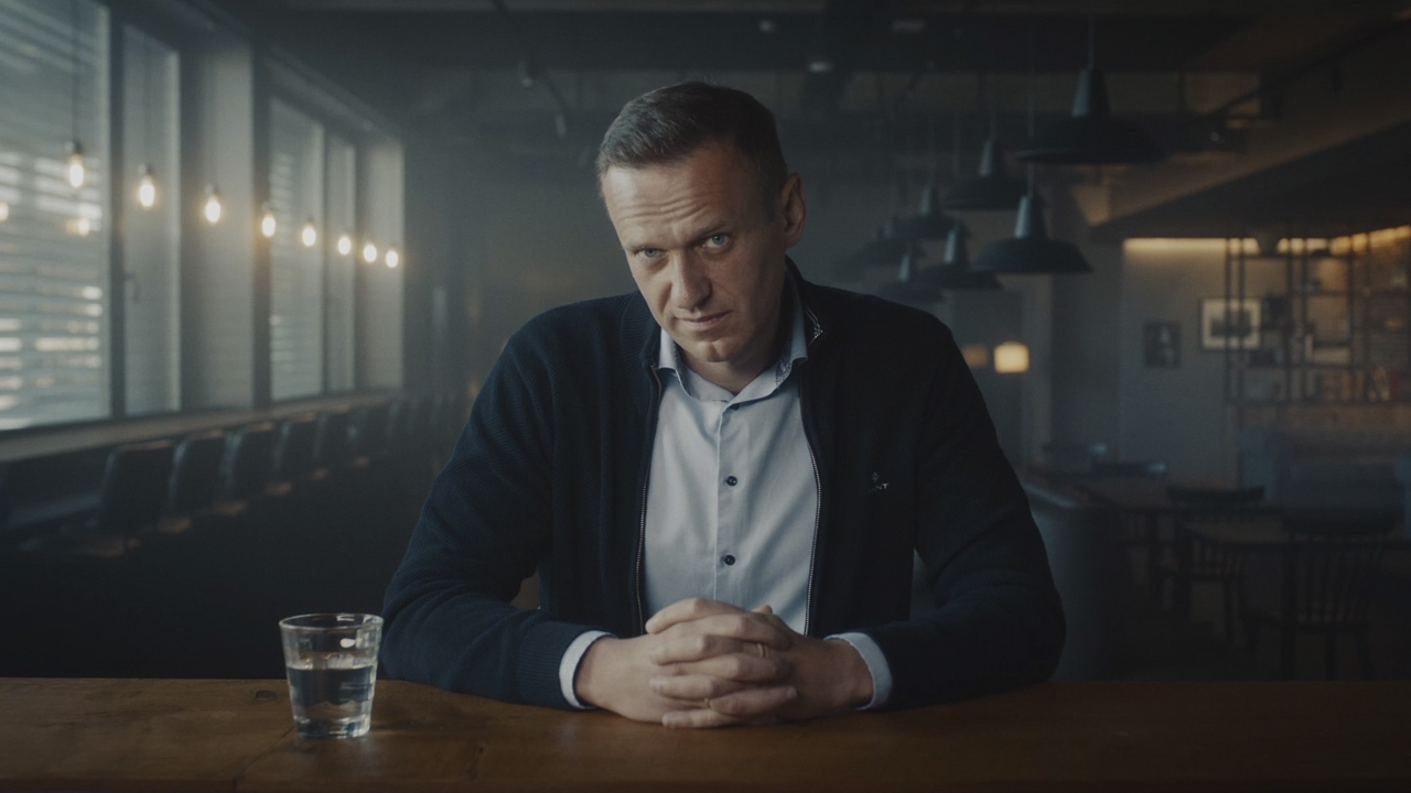 Navalny looks at the camera while seated at a bar.