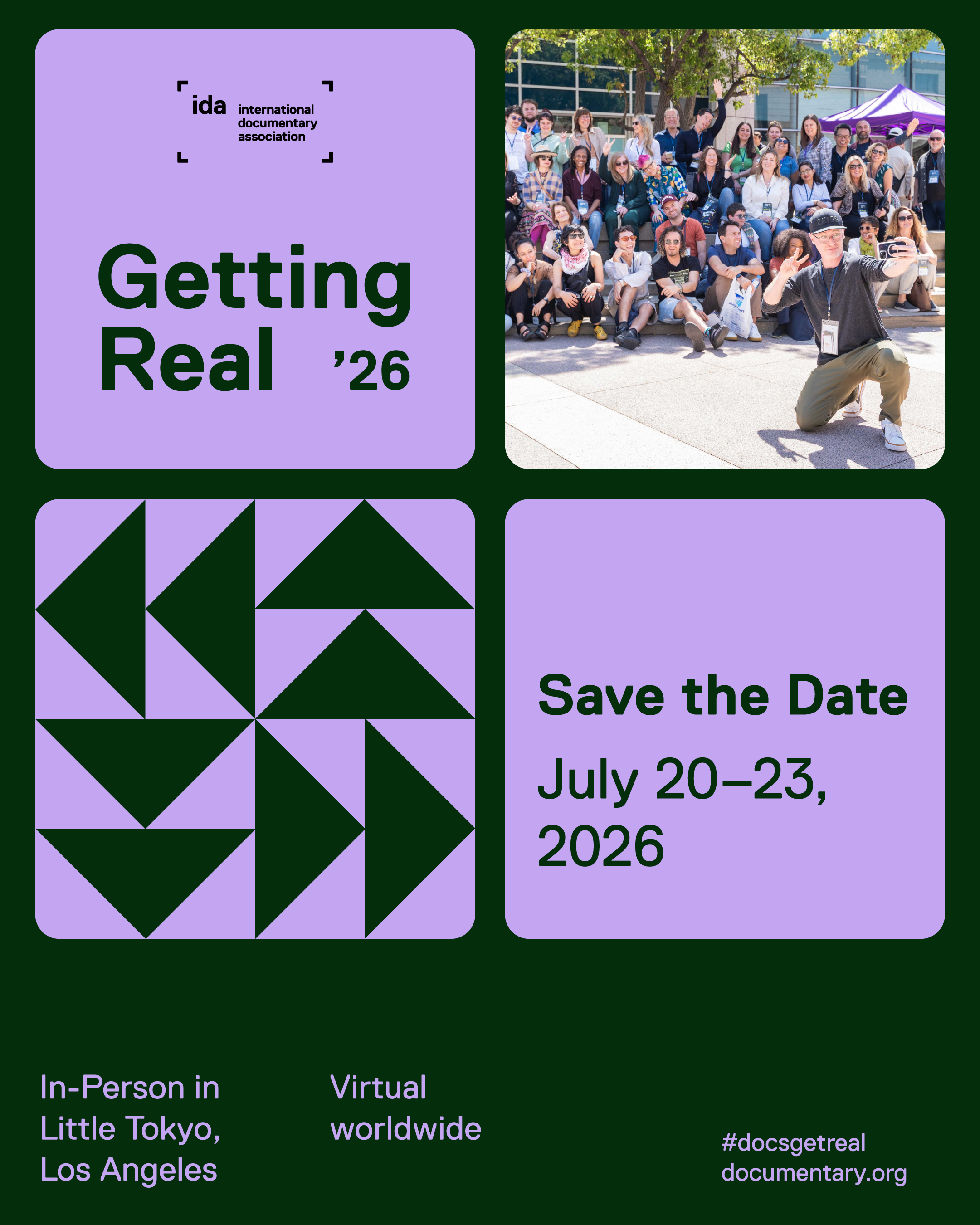 Green and purple flyer for Save the Date Getting Real '26. July 20-23, 2026.