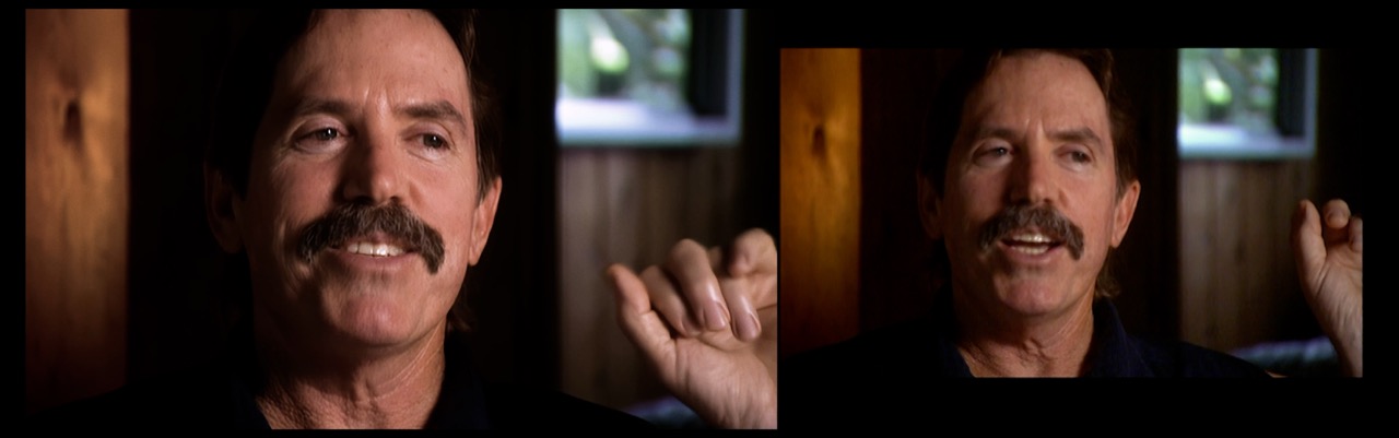 On the left, an AI-uprezed image of the right, both showing a man with a mustache holding up his hand.