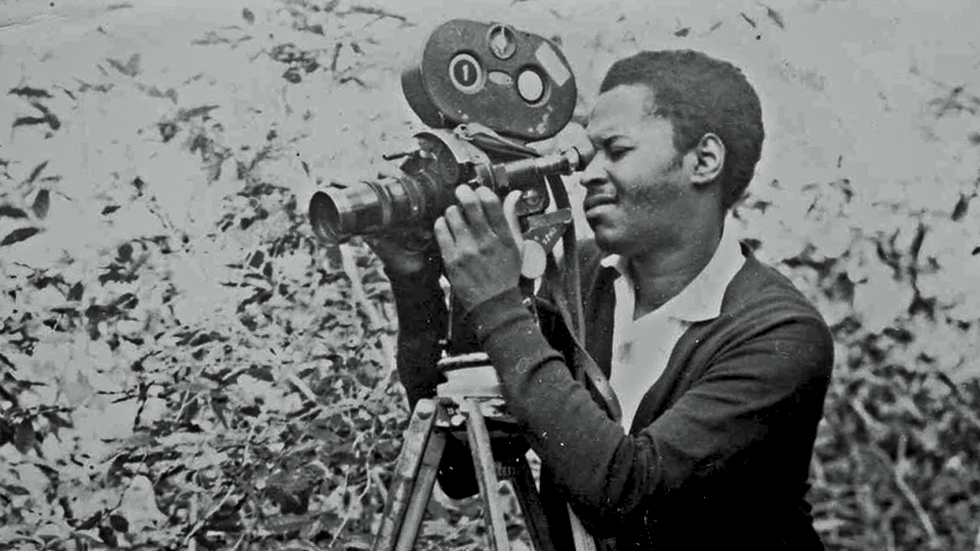 A man looks through the viewfinder of a camera on tripod.