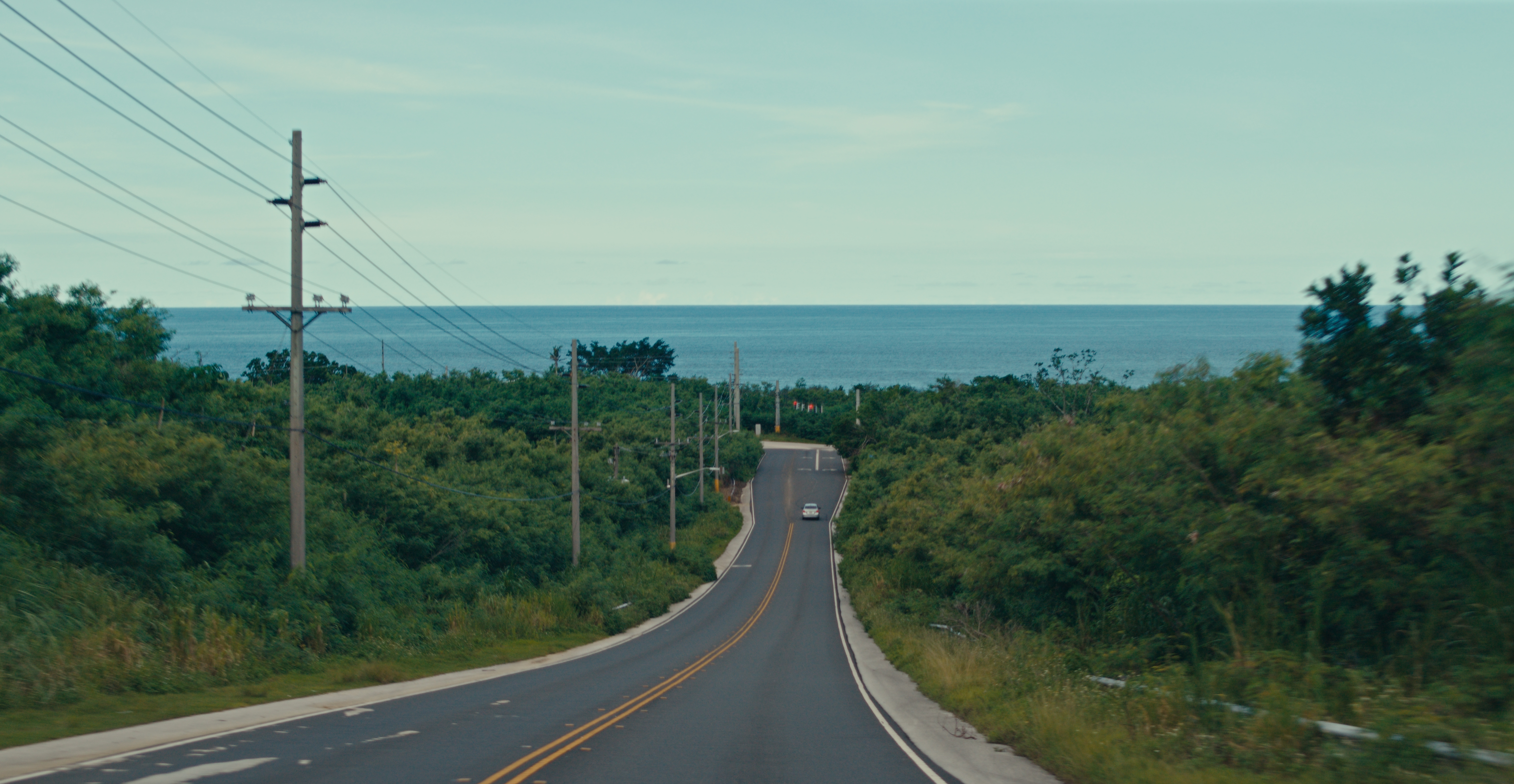A film still from Wouldn't Make It Any Other Way that shows a long stretching two way road leading towards the ocean. On either side of the road are luscious trees and greenery, and on the right hand side there is also a telephone line.