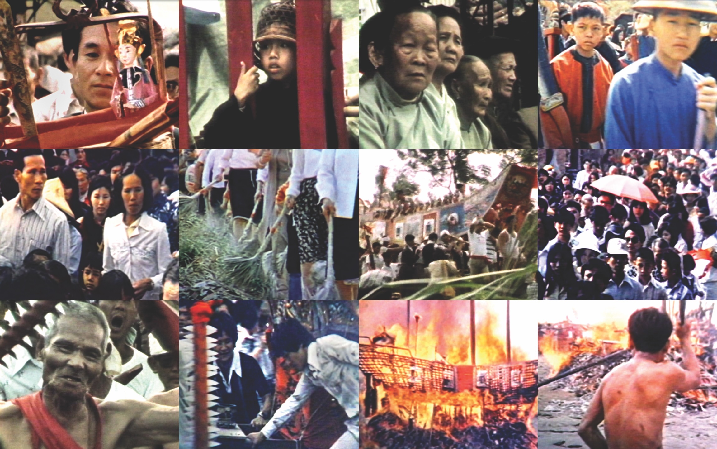 Various stills from “The Boat Burning Festival” highlighting the reactions of attendees to the chaos of the event.