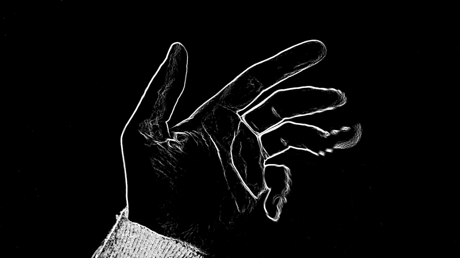 A left hand, palm-side up, is rendered in a hand-drawn style with white lines on a black background. The fourth and fifth fingers are warped and stretching with a glitch aesthetic, as if beginning to float away.