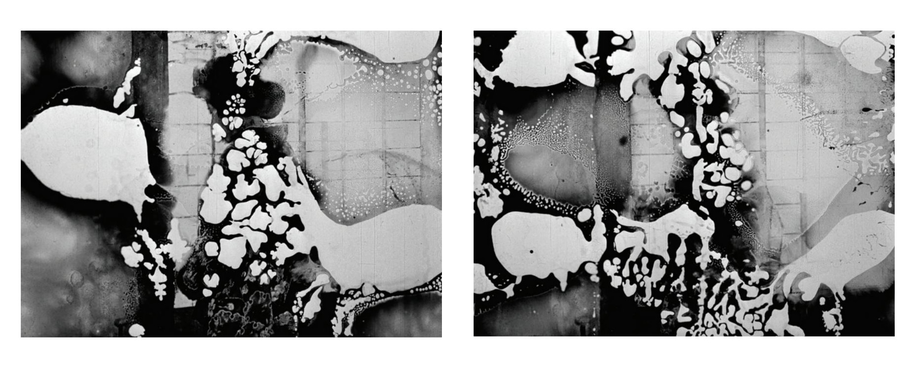 Two film stills showing the ripples of decay.