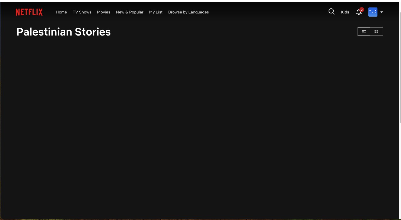 Screenshot of a Netflix page. White heading reads: "Palestinian Stories," without any films beneath.