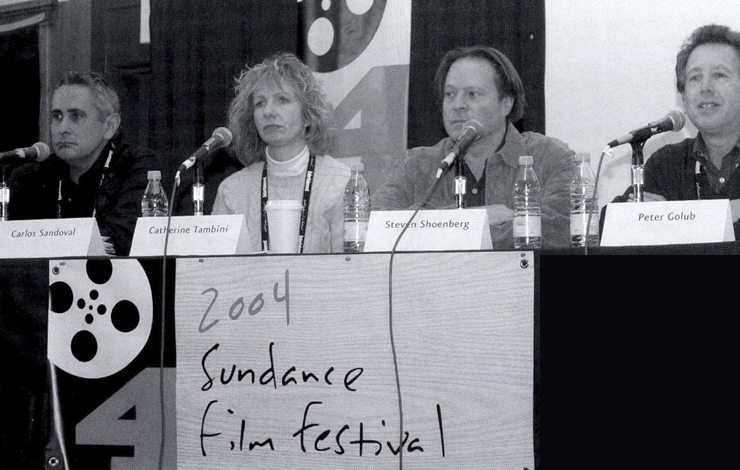 Left to right: Filmmakers Carlos Sandoval and Catherine Tambini ('Farmingville'), composer Steven Schoenberg (also 'Farmingville' and panel moderator Peter Golub.