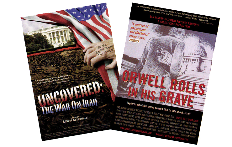 Left: Cover art for the DVD of Robert Greenwald's <em>Uncovered: The Whole Truth about the War in Iraq</em>. Right: Cover art for the DVD of Robert Kane Pappas' <em>Orwell Rolls in His Grave</em>. 