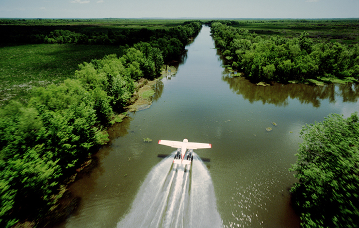 A Spacecam shot of blues guitarist and wetlands activist Tab Benoit taking an aerial survey of the Louisiana's wetlands by floatplane. From Greg MacGillivray's 'Hurricane on the Bayou.'