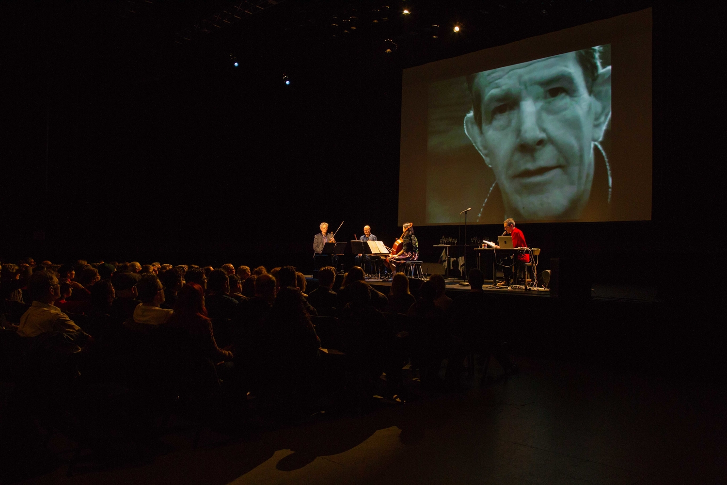A performance of Sam Green and Joe Bini's "A Thousand Thoughts," featuring the Kronos Quartet, at the Wexner Center in Columbus, OH. Courtesy of Sam Green