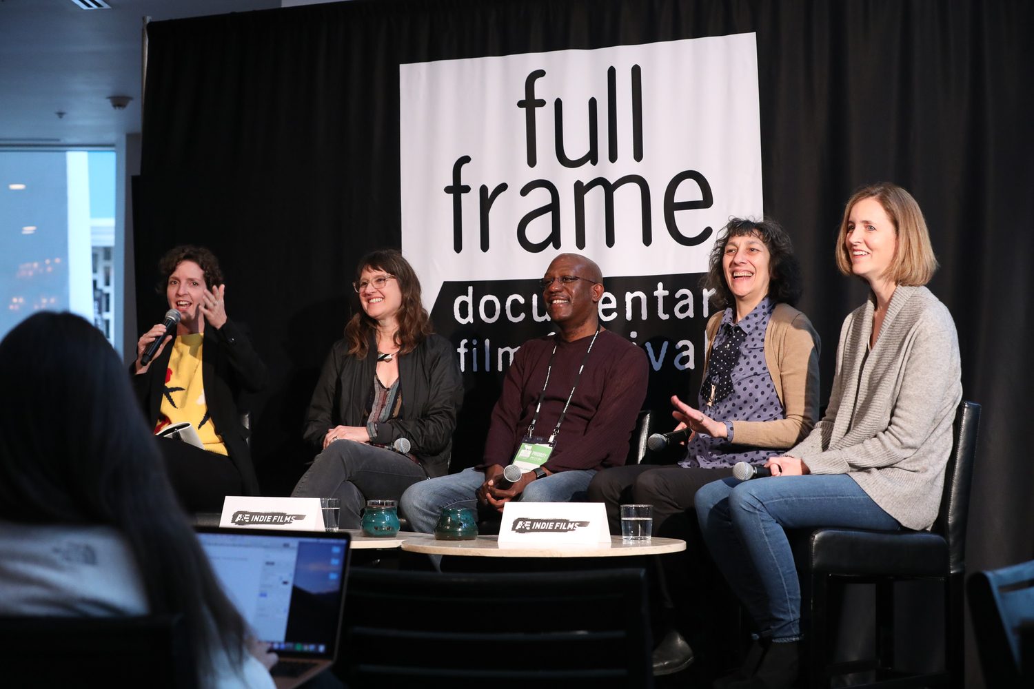 The "Southern Sustainability" panel at Full Frame's A&E IndieFilms Speakeasy. Left to right: Moderator Dana Merwin, IDA; Rachel Raney, UNC-TV; Eric Johnson, Trailblazer Studios; Naomi Walker, Southern Documentary Fund; Susan Ellis, Footpath Pictures. Courtesy of Full Frame Documentary Film Festival