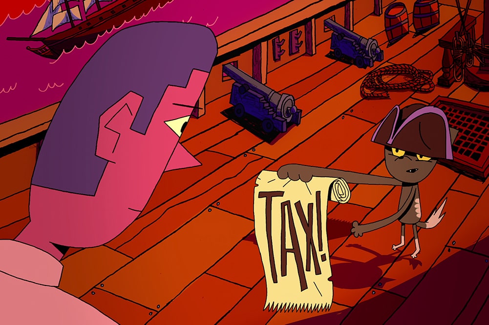 Animated still of a cat dressed as a pirate holding a scroll saying “Tax!” while a man looks on. A still from the third episode of the docu series ‘We the People.’ Courtesy of Netflix.
