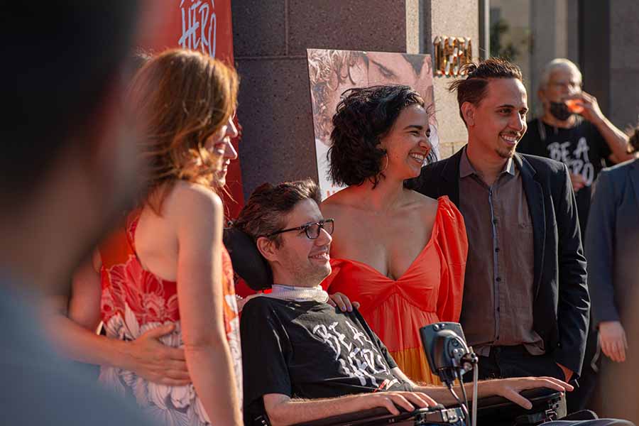 Protagonist and film crew of 'Not Going Quietly' posing for a photo at the film's premier. Courtesy of Nicholas Bruckman