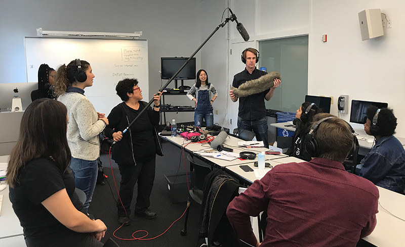 During the fall of 2019, guest instructor JT Takagi (holding the boom pole) shared her techniques and insights on capturing sound in the field with assistance from Thor Neureiter (holding the windscreen) and Doc Fellow Yuhong Pang (rear).