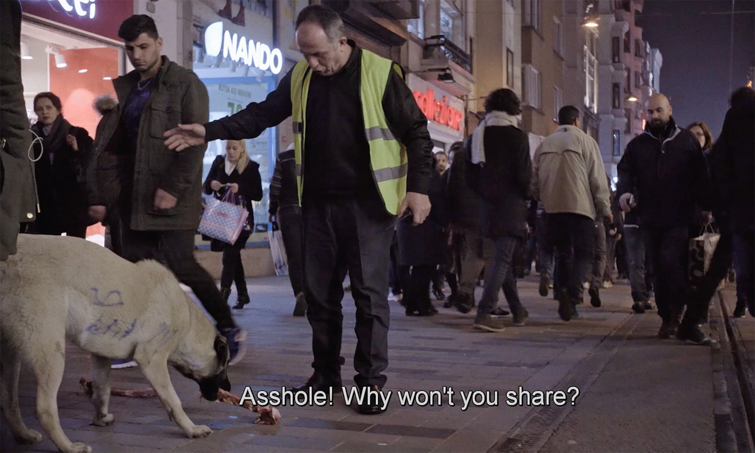 A sanitation worker on an Instanbul steet tries to teach Nazar, one of the dogs in Elizabeth Lo's 'Stray,' good manners about sharing her bone.. From Elizabeth Lo's 'Stray'