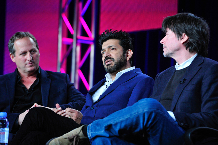 Director Barak Goodman (left) and executive producer Ken Burns flank Sihhhartha Mukhurjee, MD, Pulitzer Prize-winning author of 'Cancer: The Emperor of All Maladies', the basis for the forthcoming PBS series. Photo: Rahoul Ghose/PBS