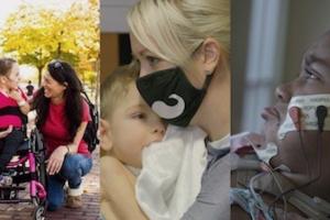 	The image contains three different pictures taking up equal space. The image on the far left has a young girl in a pink wheelchair looking at her grandmother, a white woman in a red shirt. The center image has a young boy in the arms of his mother a blond white woman, as he mouths his blanket for comfort. She is wearing a face mask with a moustache on it. The right image pictures a 5 year old girl, she is pouting and has electrodes on her face.
