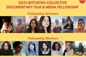 Image featuring the headshots of the seven fellowship winners and mentors of the 2023 Bitchitra Collective Documentary Film & Media Fellowship.