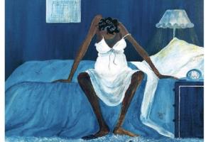 Illustrated image of a Black woman wearing a nightgown, sitting on a bed and looking down