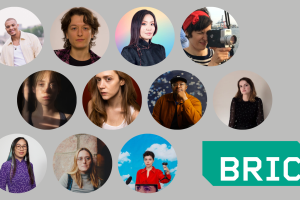 Photographs of the selected BRIClab 2023–2024 Artists-in-Residence in film + tv and video art cohorts. In the bottom right corner of the image is the green BRIC logo.