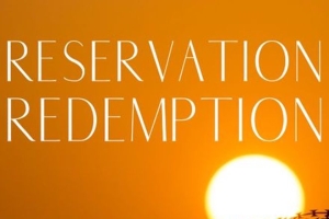 Image of an orange sky with the setting sun in the bottom right corner.  The text RESERVATION REDEMPTION is superimposed on top