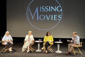 Photograph of  Susan Bodine, Mary Harron, Mira Nair, Ira Deutchman (L to R) at a Missing Movies panel at Tribeca.