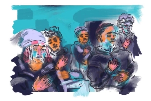 Illustrated image featuring a group of five young men, all with their eyes closed and hands placed over their hearts. The background is a mix of teal and turquoise shades, and the people depicted have different skin tones and hairstyles.
