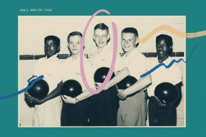 Photograph of five young men holding bowling balls.