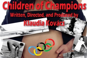 Collage of black and white photos around a color photo of a pregnant woman. The olympic rings are painted on her stomach. 