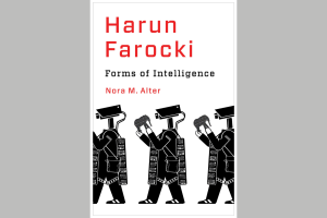 The cover of "Harun Farocki: Forms of Intelligence," depicting three humanoid robots holding cameras.