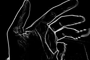 A left hand, palm-side up, is rendered in a hand-drawn style with white lines on a black background. The fourth and fifth fingers are warped and stretching with a glitch aesthetic, as if beginning to float away.