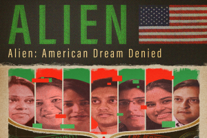 A collage of characters in front of a red and green background, with the text Alien: American Dream Denied above them.