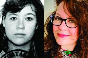 An old black and white portrait of a director Klaudia Kovács, a woman with long dark hair, next to a full color, present day portrait.