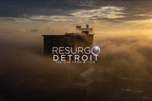 Title slide over frame of movie. Michigan Central Station in fog at sunrise