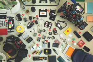 A top-down photograph of camera gear.