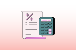 A pink and teal graphic image of a calculator and a piece of paper with a % sign.