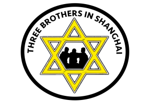 Outline of three brothers sitting inside a yellow Jewish star surrounded by a circle.