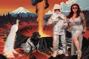 Image of a white peacock, dog, and two women in space suites in front of a volcanic painted landscape.
