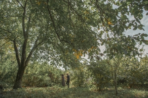 Underneath a lush, green canopy, two figures stand closely with talking.