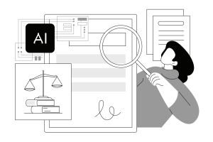 A line drawing of a woman holding a magnifying glass up to some documents, including one that reads "AI."
